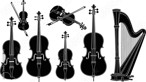 Tableau sur toile Classical String Musical Instruments Silhouette Vector Set Featuring Violin Cell