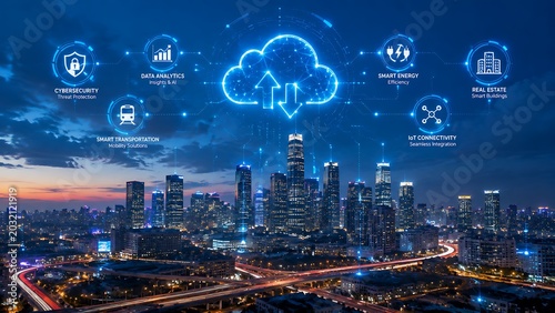 Smart city technology with futuristic cloud and icons over skyline at night