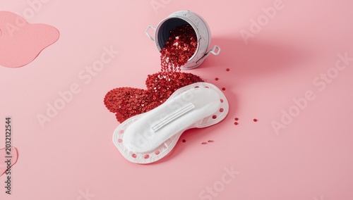 Red sequins fall onto a sanitary pad from a tiny watering can. Pink backdrop. Menstrual cycle, feminine hygiene.