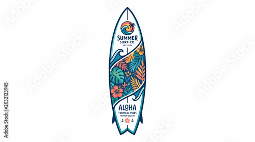 Tropical surfboard graphic with aloha text and floral patterns