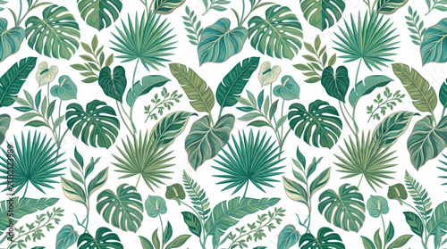 Seamless pattern with green tropical leaves on white background