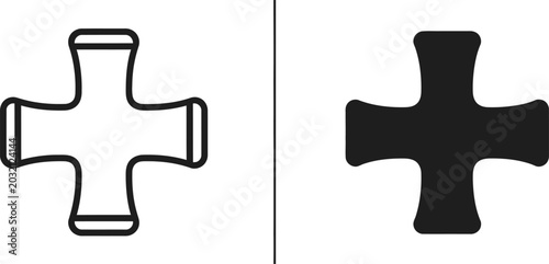 Cross shape outline and solid fill icons on white background with divider