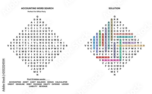 Accounting word search puzzle in diamond shape for office party, showcasing solution as a fun challenge for team-building and engagement.  