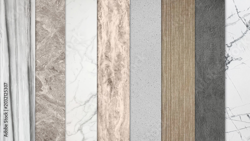 Modern interior design material palette sample set with luxury marble textures granite stone concrete wall paneling ribbed wood and dark leather background surface for architecture rendering mockup.