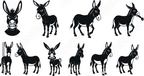 Schilderij op canvas Angry Donkey Silhouette Vector Set with Stubborn Jackass Mascots Funny Grinning