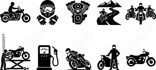 Foto Black motorcycle and rider silhouettes with various motorbike related graphics