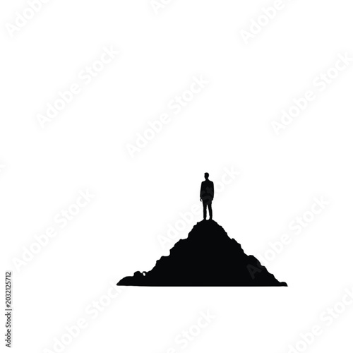Professional stands upon the highest point of a pyramid structure symbolizing ultimate career development and the successful attainment of complex strategic objectives in a clear business concept.