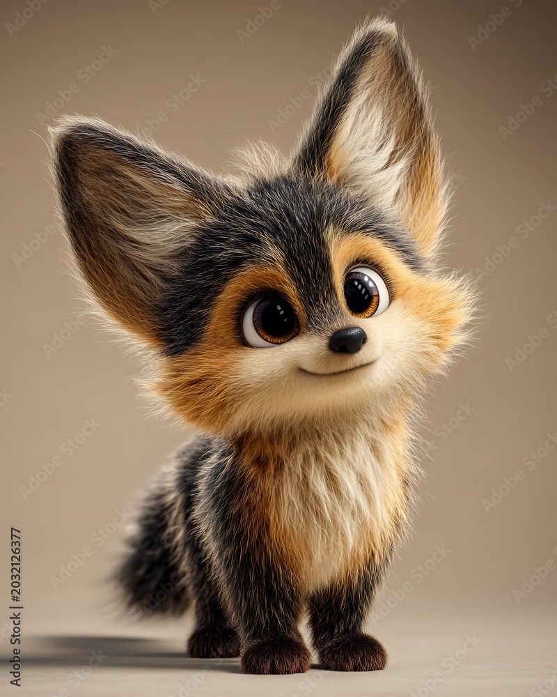 Naklejka premium Detailed 3D render of a stylized fennec fox with oversized ears and a curious expression