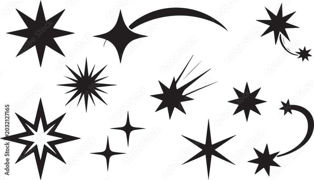 Obraz premium Diverse collection of shimmering star and sparkle shapes perfect for magical celestial and celebratory designs