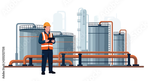 flat vector illustration of engineer inspecting oil refinery equipment showing industrial energy production and engineering operations