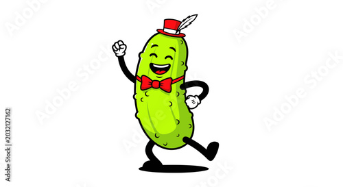 Canvas Print Happy Cartoon Pickle Character Dancing with Hat and Bow Tie