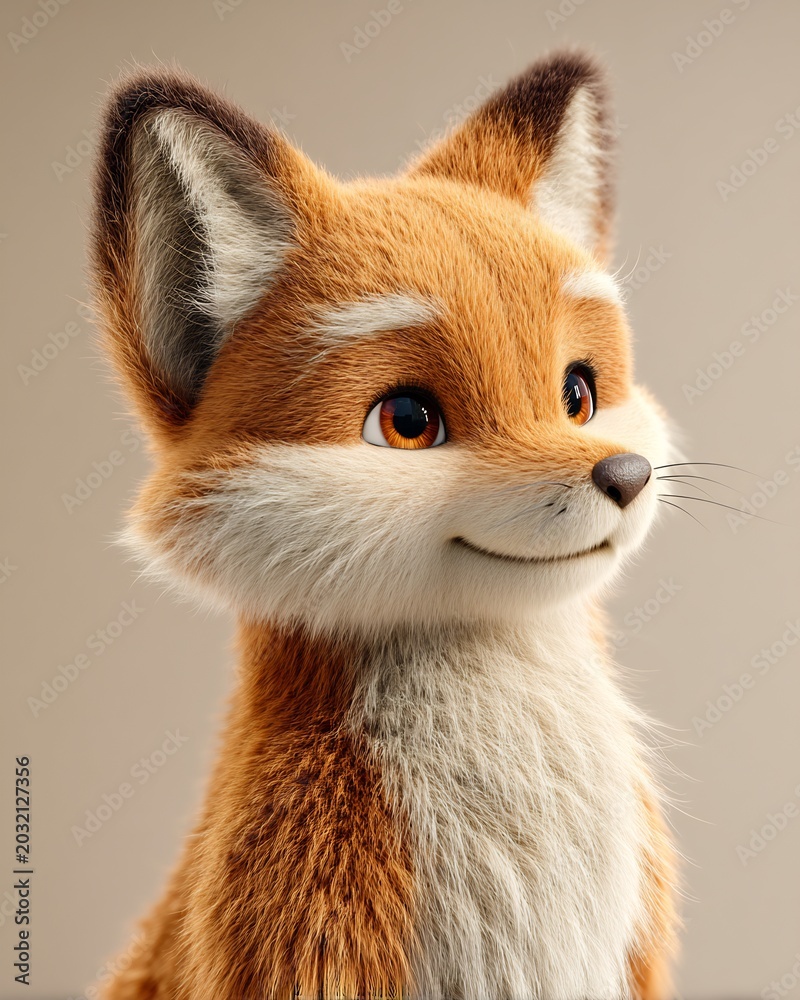 Naklejka premium Cute Red Fox Character with Large Eyes and Fluffy White Fur