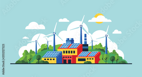 Billede på lærred flat vector illustration of renewable energy factory with wind turbines showing