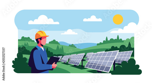 flat vector illustration of engineer inspecting solar energy facility showing industrial innovation and sustainable technology production