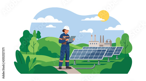 Bild auf Leinwand flat vector illustration of engineer inspecting solar energy facility showing in