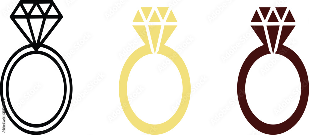 Fototapeta premium Three engagement rings in black, yellow, and brown with diamonds vector illustration EPS PNG file