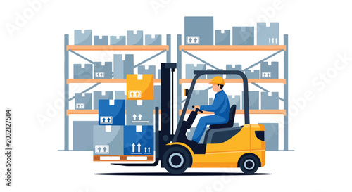 Quadro em tela flat vector illustration of logistics workers moving cargo boxes with forklift s