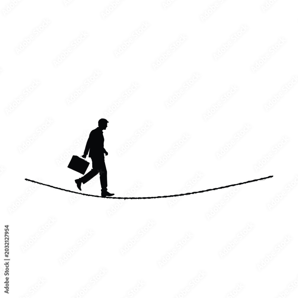 Fototapeta premium Businessman walks cautiously on a thin wire while clutching a briefcase to symbolize the delicate nature of high level decision making and financial stability in the current global market.