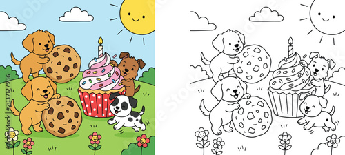 Canvas Print Cute puppies with giant cookies and cupcake coloring page set, cartoon dogs play