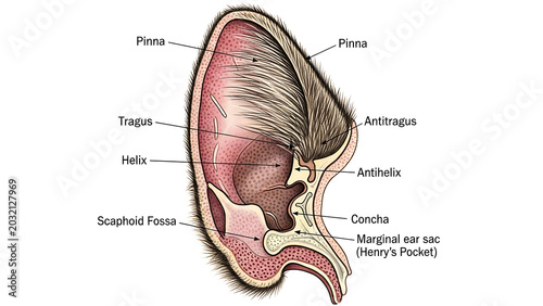 Anatomical diagram of a feline ear with labeled structures isolated on a transparent background
