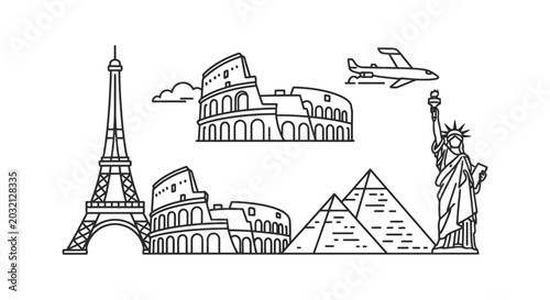 Famous World Landmarks Outline Drawing for Global Travel with Eiffel Tower, Colosseum, Pyramids, and Statue of Liberty on Isolated White Background
