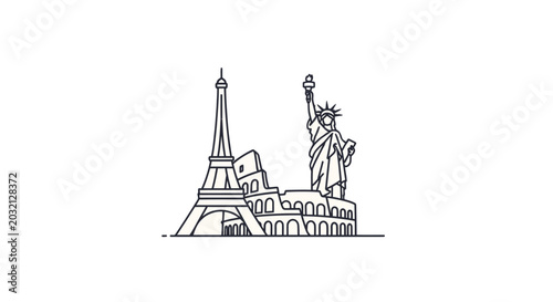 Famous World Landmarks Outline Drawing with Eiffel Tower and Statue of Liberty on Isolated White Background