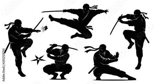 Bild auf Leinwand Ninja Silhouettes: Martial Arts Action Poses with Swords and Shuriken