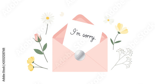 Tableau sur toile Pink envelope with I'm sorry note and delicate flowers, apology concept