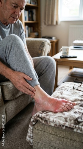 Uric crystal affliction: gouty arthritis, joint inflammation, big toe, metatarsal pain, senior distress, acute attack, swollen foot, hyperuricemia symptom, rheumatology concept, medical problem.