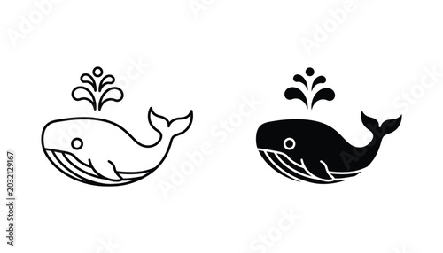 Konstfotografi Whale spouting water icon set in line art and silhouette style for marine wildli