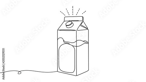 Animation of line drawing of a carton of milk with simple lines, symbolizing breakfast essentials, nutrition, and daily consumption.