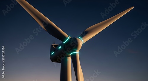 Modern wind turbine with glowing blue lights at night generating renewable green energy