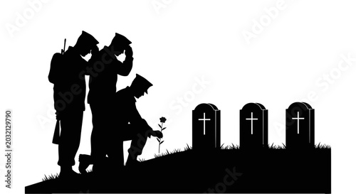 Obraz na płótnie Military Funeral Silhouette: Soldiers Mourning at Gravesite with Rose