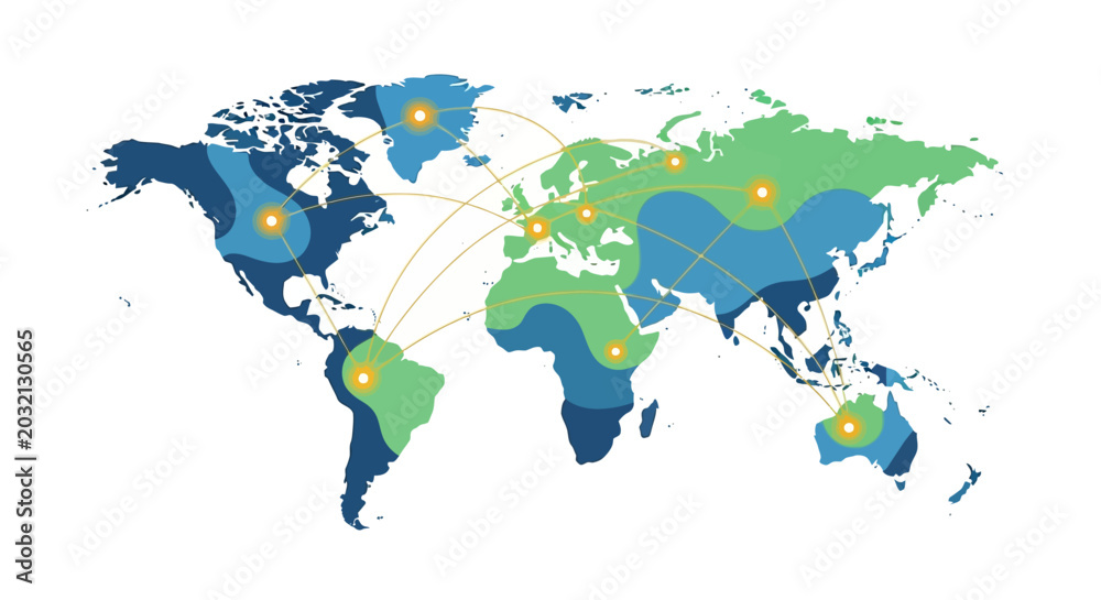 Fototapeta premium Global Connectivity World Map with Networking Lines and Digital Communication Hubs