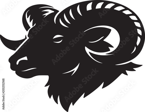 Fotografija A striking black silhouette of a ram with massive curved horns