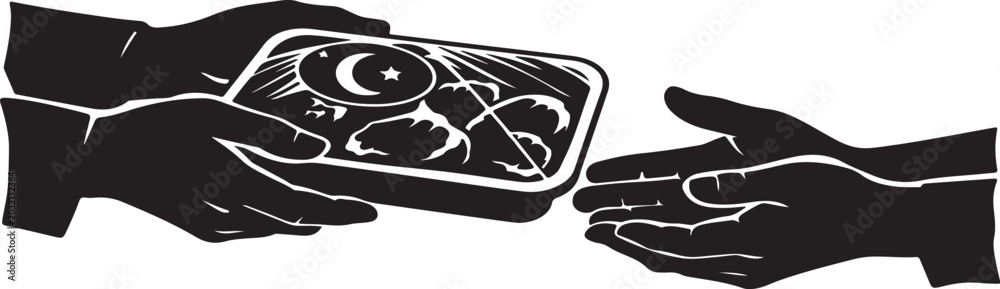 Fototapeta premium a powerful close-up silhouette showing hands offering a meat package to a needy person