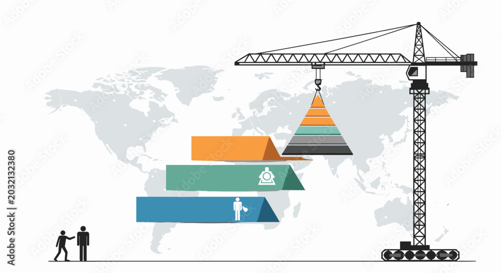 Naklejka premium Business infographic showing a construction crane lifting a pyramid section over a world map with corporate building growth steps.