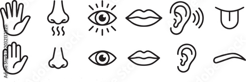 Five senses set in two rows hand nose
