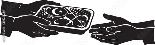 Tableau sur toile a powerful close-up silhouette showing hands offering a meat package to a needy