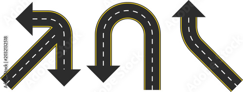Foto Curved road arrow direction vector set with dashed lane markings