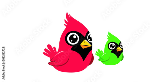Canvastavla Cute Cartoon Cardinals, Red and Green Birds, Baby and Parent