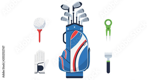 Fotografía Golf Equipment Flat Design Icons: Bag, Clubs, Ball, Tee, Glove, Divot Tool