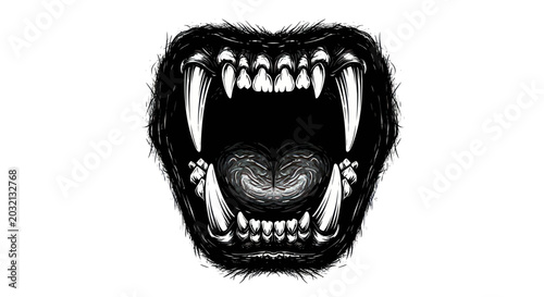 Cuadro en lienzo Fierce Monster Mouth Open Wide, Sharp Teeth, Dark Fur Outline, Horror Concept
