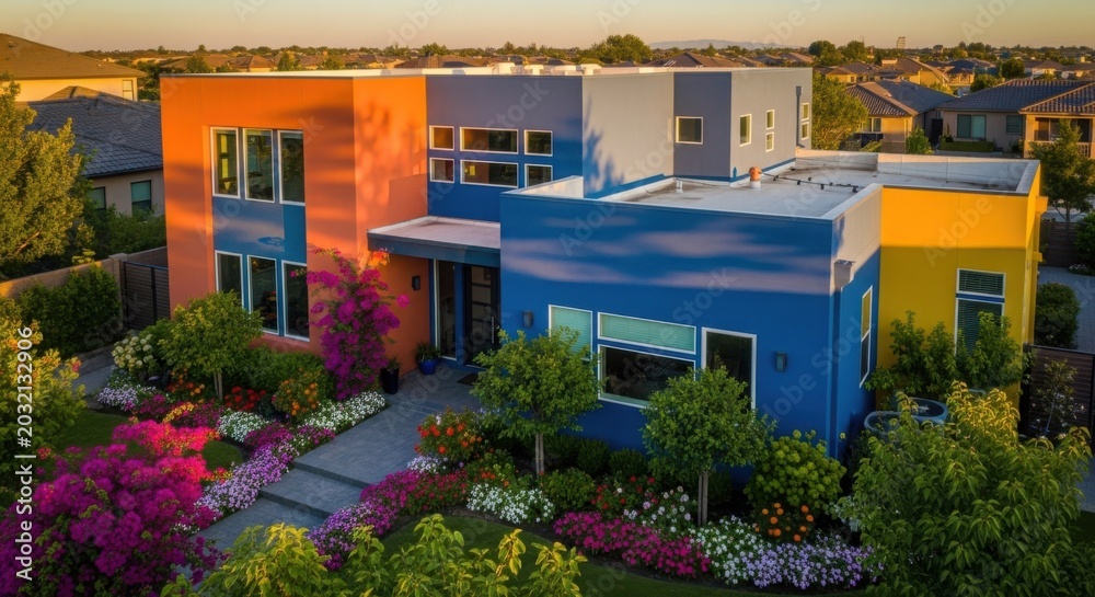 Fototapeta premium Modern colorful house with garden at sunset