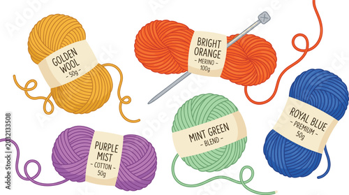 Tableau sur toile Knitting yarn skeins vector set with colorful labeled wool balls golden purple o