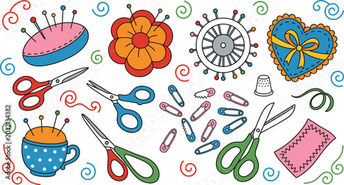 Foto Sewing and tailoring vector accessories set with pincushions scissors safety pin