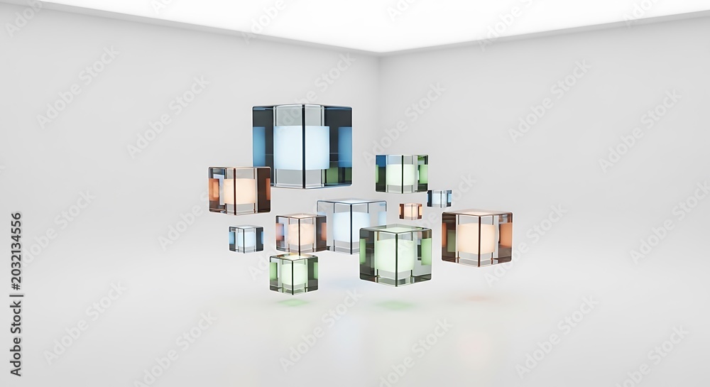 Obraz premium Floating colorful glass cubes with glowing lights inside