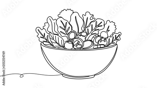 Animation of line drawing of a bowl of salad with leafy shapes, symbolizing healthy choices, balance, and daily meals.