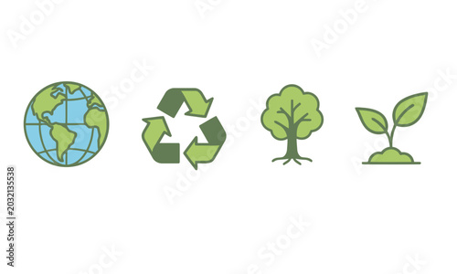 Set of icons representing global environmental sustainability, recycling, trees, and plant growth for eco-friendly initiatives and nature conservation