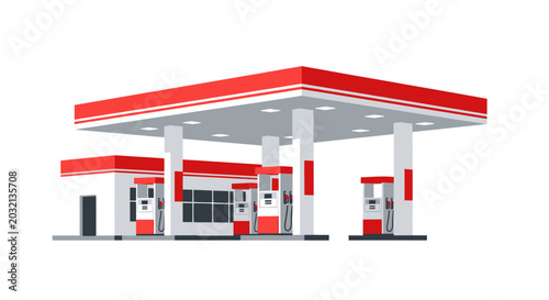 Bild auf Leinwand Modern Gas Station Building with Red and White Canopy and Pumps